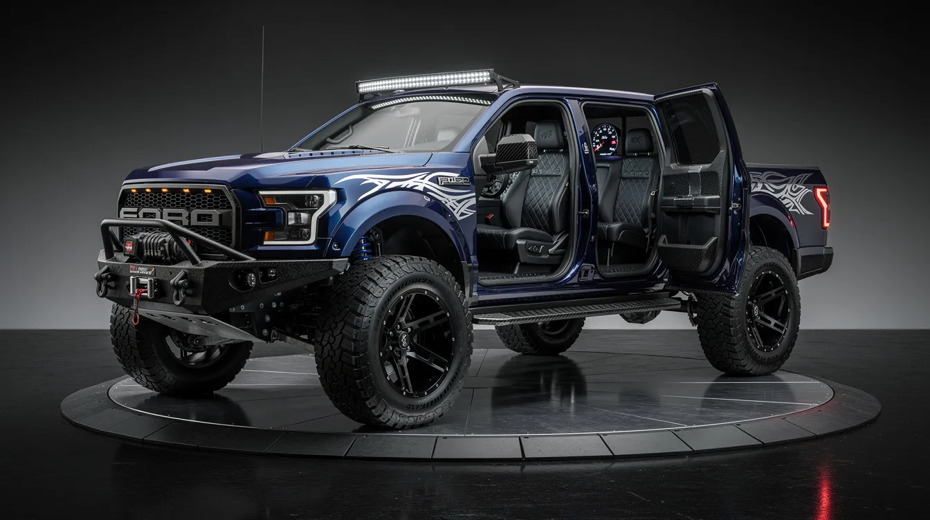 The image showcases a truck customization featuring various truck accessories, including sleek running boards and stylish lights, designed to enhance its exterior. new truck assistance house model access create deliver site message number speak visualize commit buy cart ready find source problem steps day lot click send