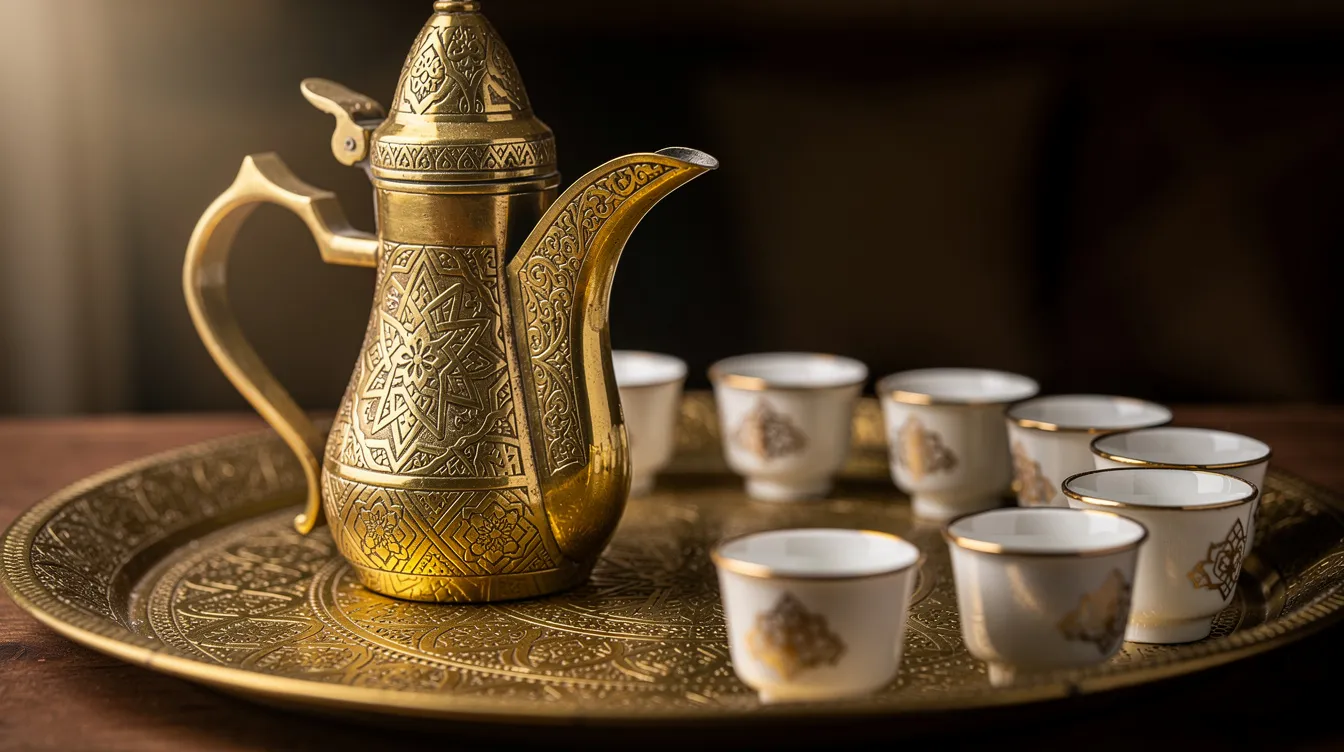 La imagen muestra una elegante dallah árabe de latón decorado, acompañada de pequeñas tazas finjān dispuestas sobre una bandeja tradicional. Este conjunto es representativo de la cultura del café en Oriente Medio, especialmente en la preparación del café turco, donde se valora la técnica y los ingredientes utilizados.