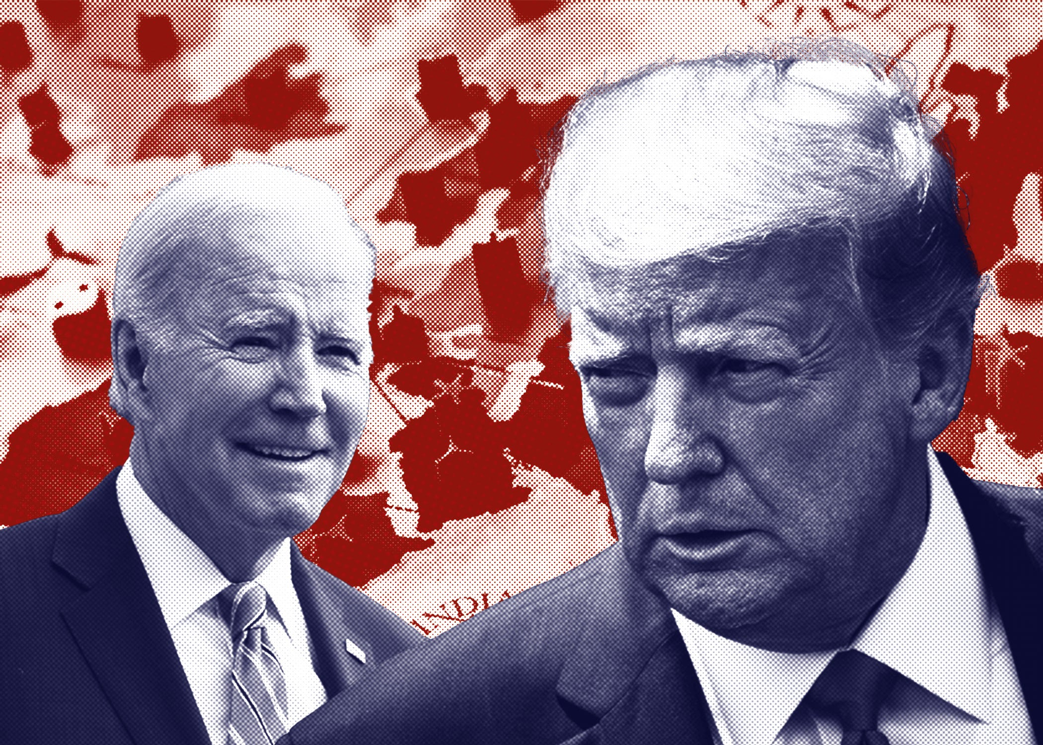 Illustration of Donald Trump and Joe Biden with a wavy red global map in the background