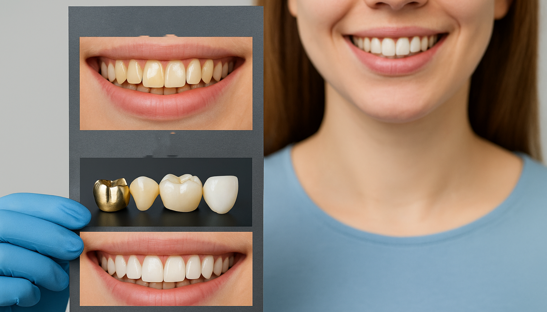 Kvinne viser før og etter resultater av tannkroner med forbedret hvithet og naturlig smil.