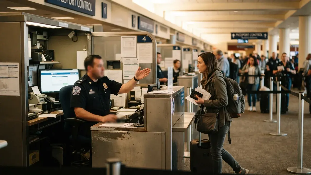Border staff checking a traveler’s onward ticket and exit plan