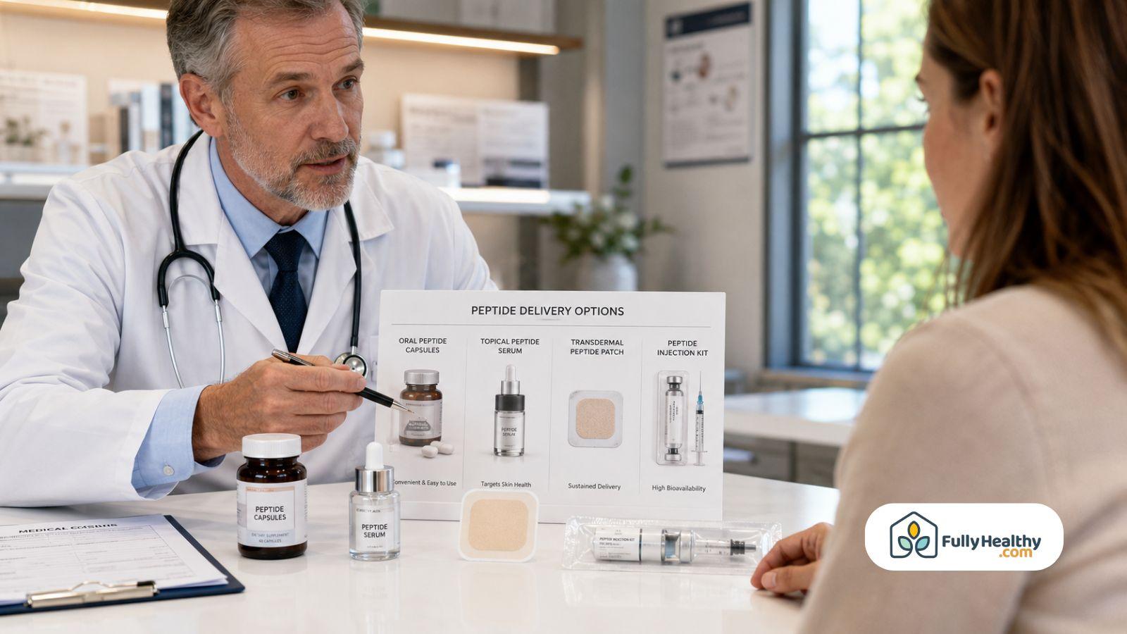 Doctor explaining peptide delivery options during consultation with adult patient in clinic