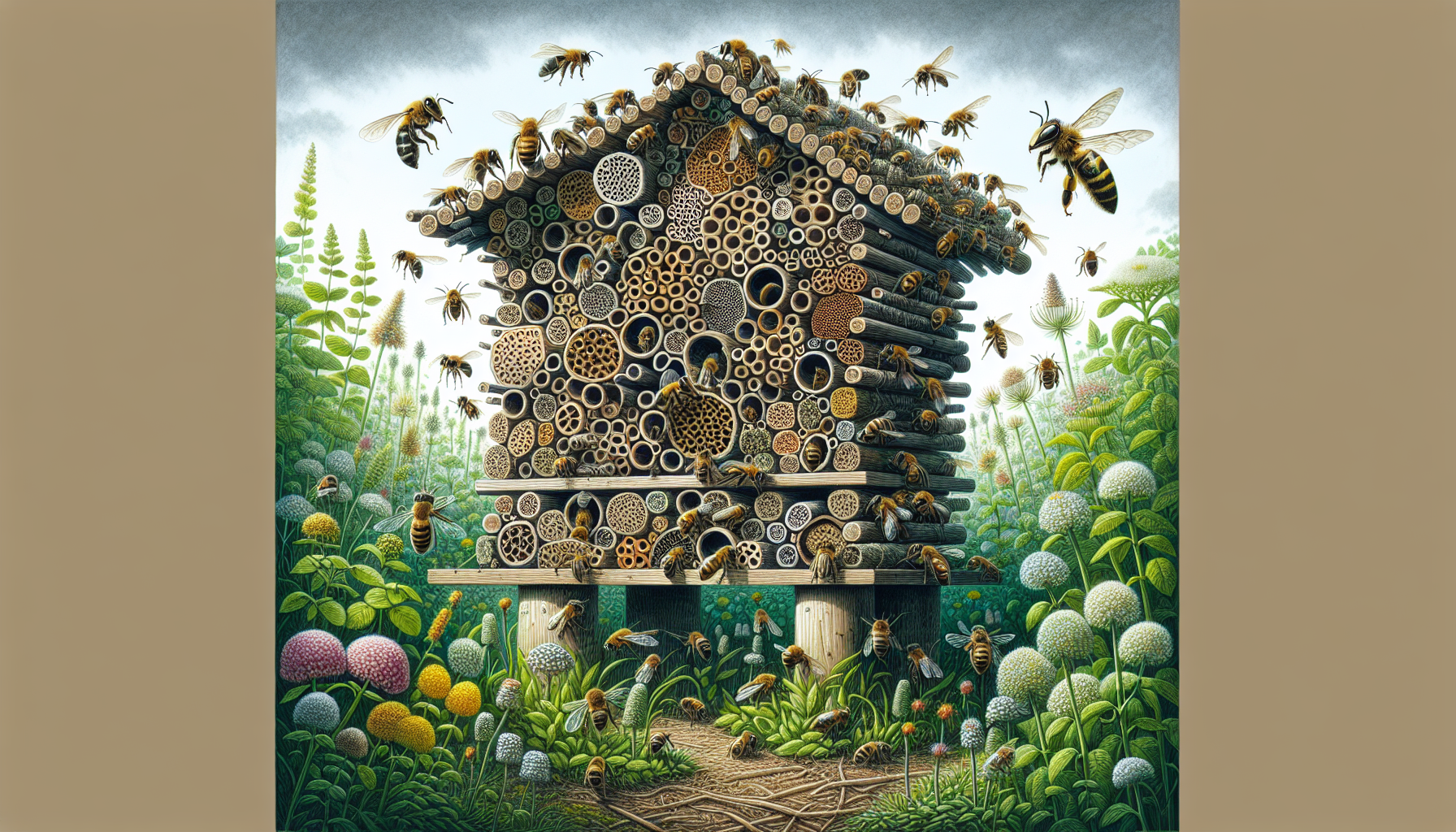 Illustration of a bee hotel with solitary bees seeking shelter