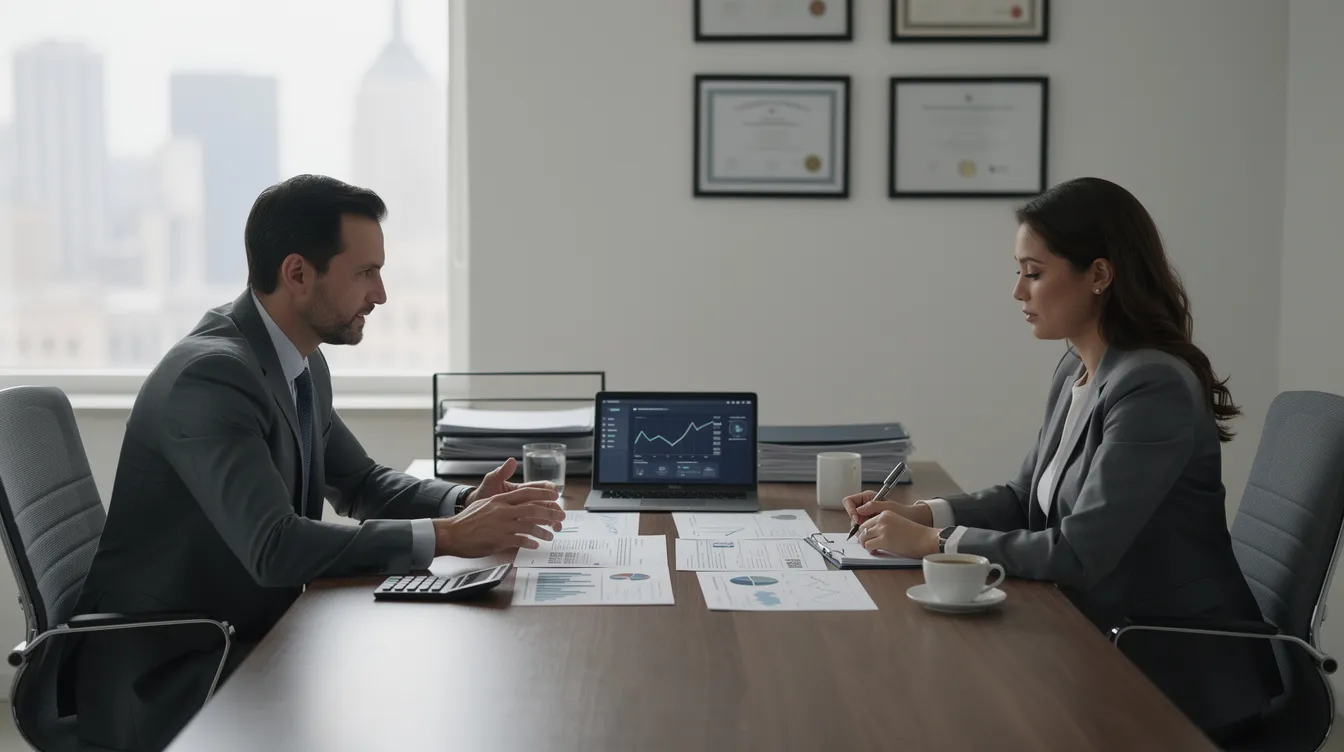 A financial adviser and a client are seated in a private office, discussing important documents related to debt restructuring and individual voluntary arrangements (IVA). The atmosphere is professional as they explore options to resolve the client's debt issues and establish a manageable repayment plan.