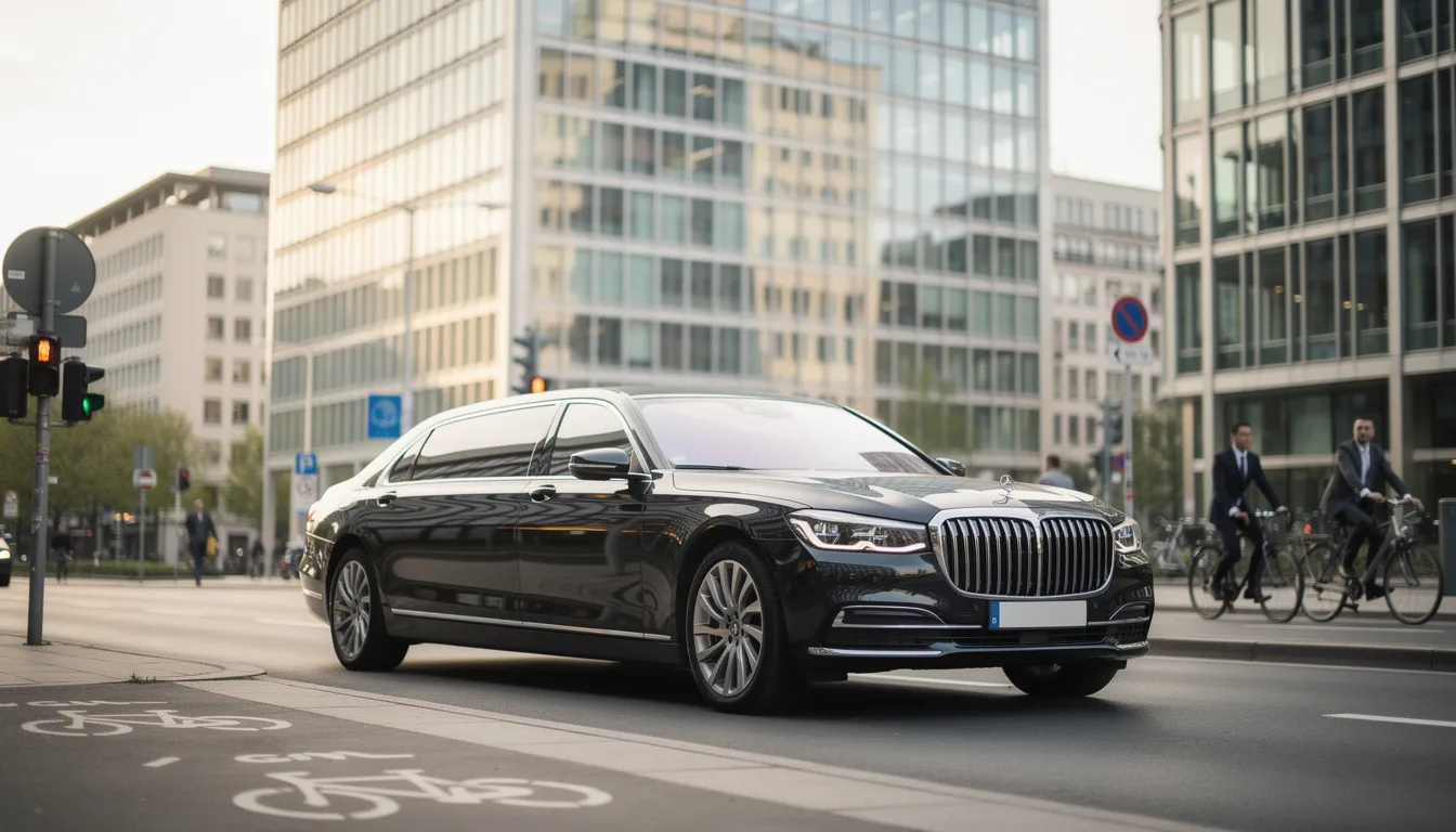 Eine moderne Limousine fährt auf einer belebten Straße in einer deutschen Großstadt, während im Hintergrund hohe Bürogebäude zu sehen sind. Diese Szene könnte für einen kfz sachverständigen in Düsseldorf von Interesse sein, insbesondere im Zusammenhang mit Fahrzeugbewertungen und Gutachten.