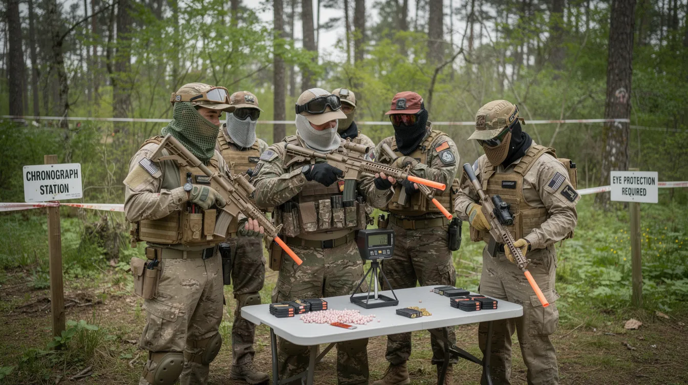 A group of airsoft players is gathered at a chronograph station, preparing their hpa rifles and checking air tanks for consistent fps before a woodland game. The players are engaged in discussions about their setups and tuning, ensuring their equipment is ready for an optimal gameplay experience.