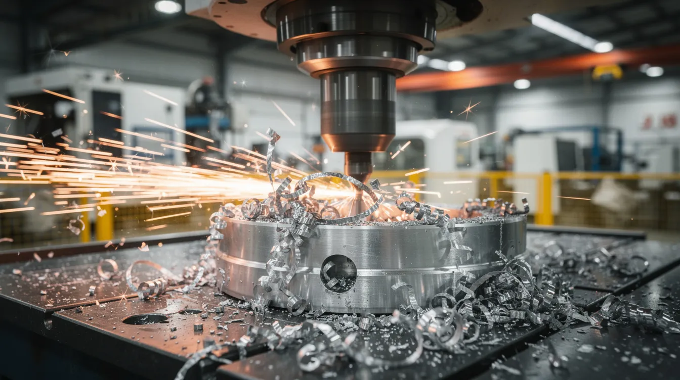 A close-up view of a large CNC machining center in operation, showcasing a high-speed spindle actively cutting through metal, with metal chips scattered around. The background features an industrial factory setting, highlighting the advanced technology used in modern manufacturing processes.