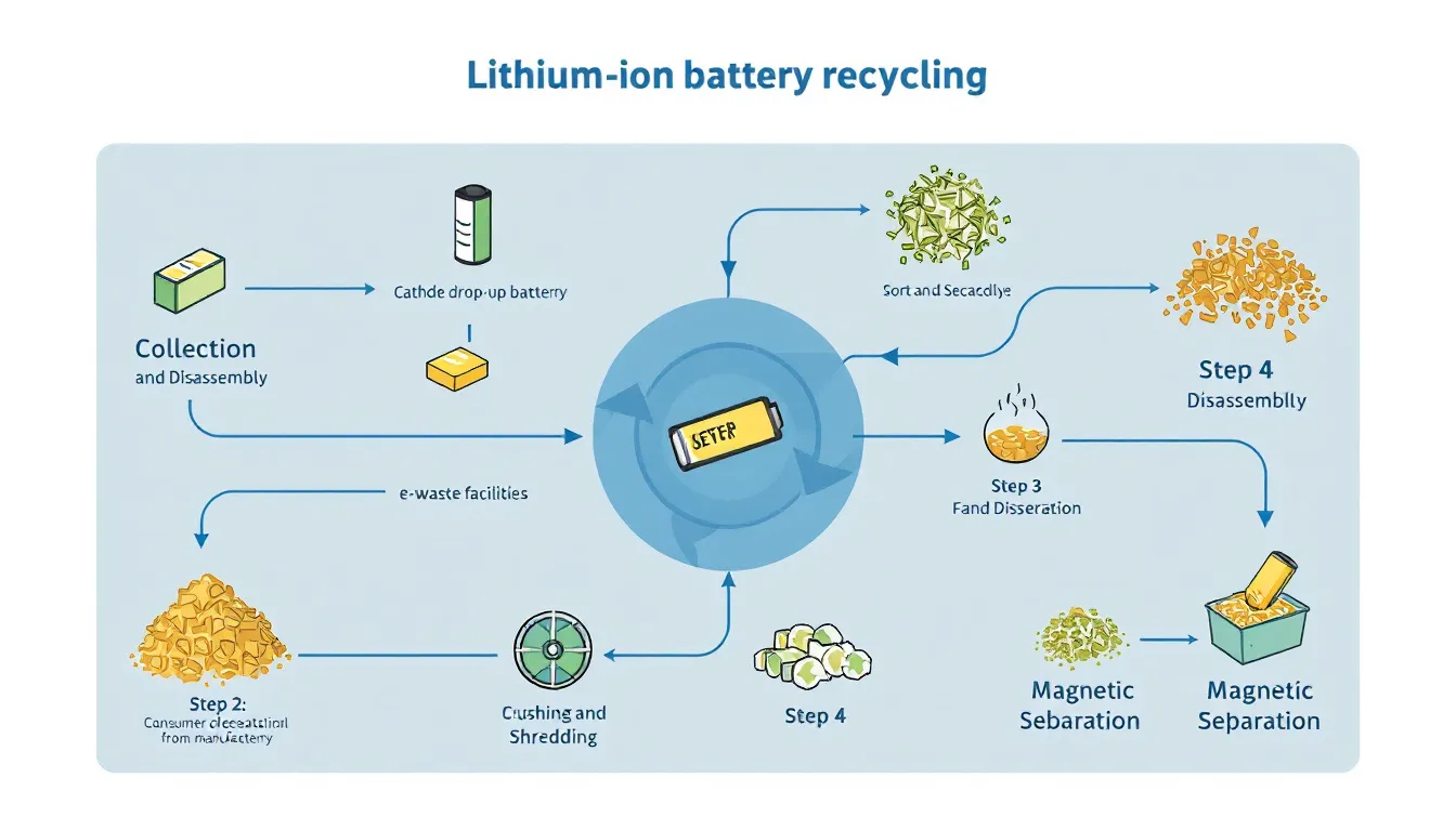 Manufacturing processes involved in lithium-ion battery recycling.