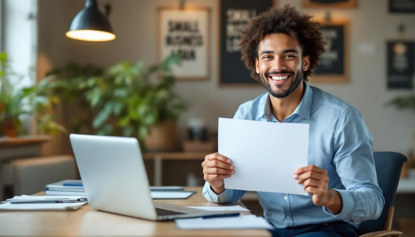 A small business owner, looking thrilled and excited, is receiving a business loan, showcasing their resolve and determination to carefully review funding options. The scene reflects a fast and easy process, emphasizing the professionalism and support provided by the lender.