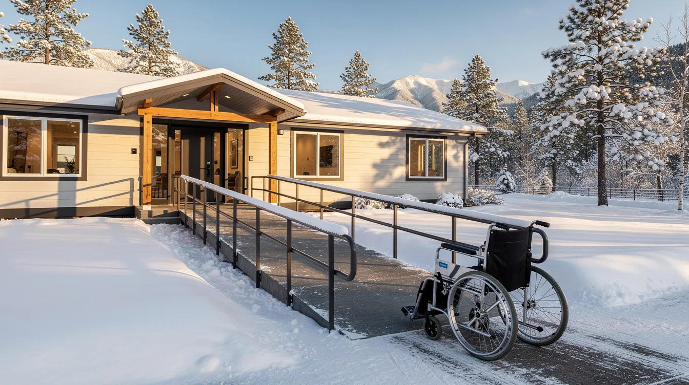 A wheelchair is positioned next to an accessible home entrance ramp, set against a snowy backdrop in Colorado. This image highlights the importance of accessibility in personal injury cases, where structured settlements can provide long-term financial stability for injured parties facing future medical expenses.