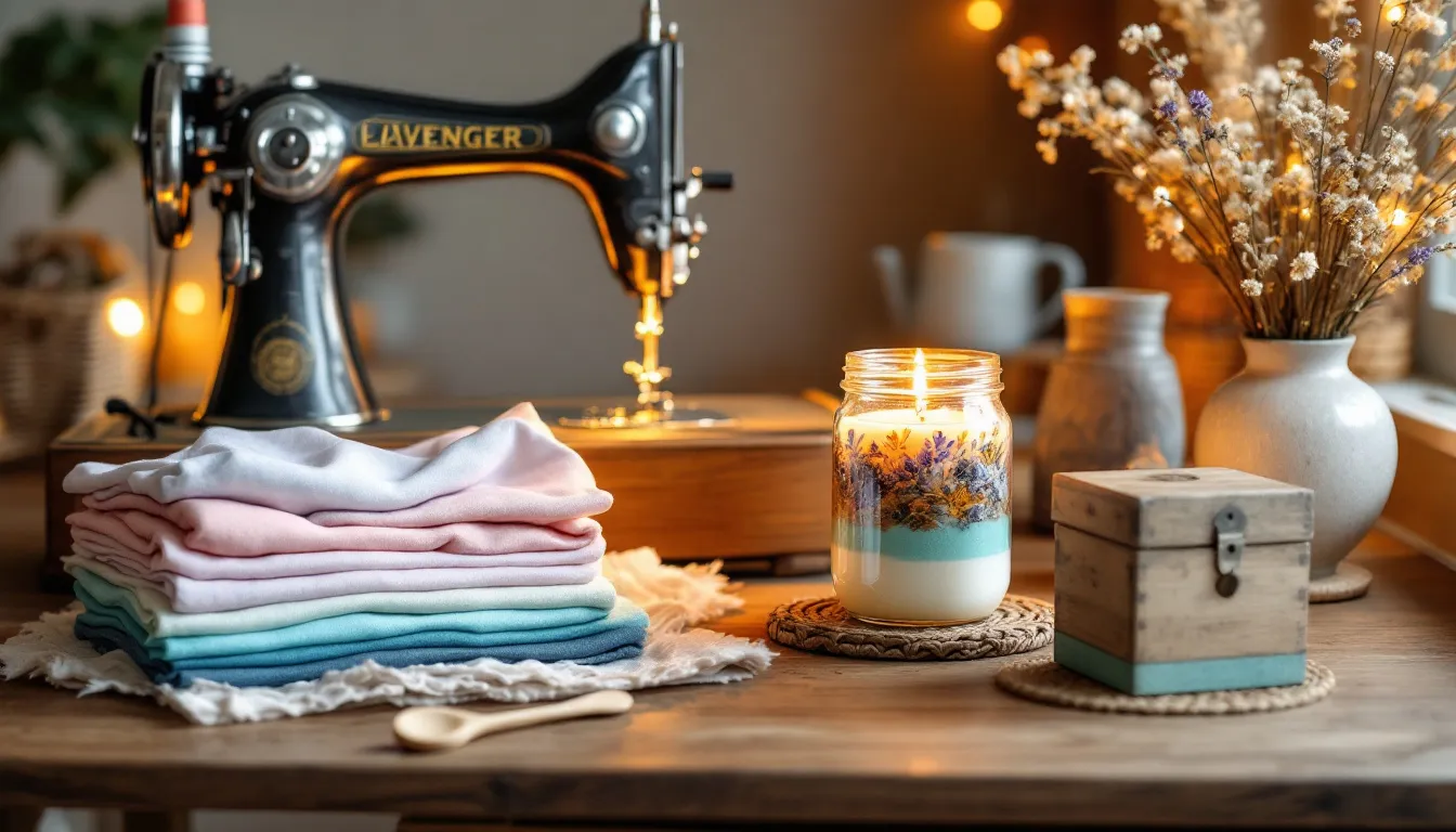 A well-organized table showcases a beginner DIY crafts setup, featuring a sewing machine, colorful fabric scraps, a homemade candle, and pretty containers filled with essential oils, all illuminated by soft lighting, perfect for creating thoughtful homemade gifts during the holiday season. This setup inspires creative ideas for personalized gifts that are ideal for friends and family members alike.