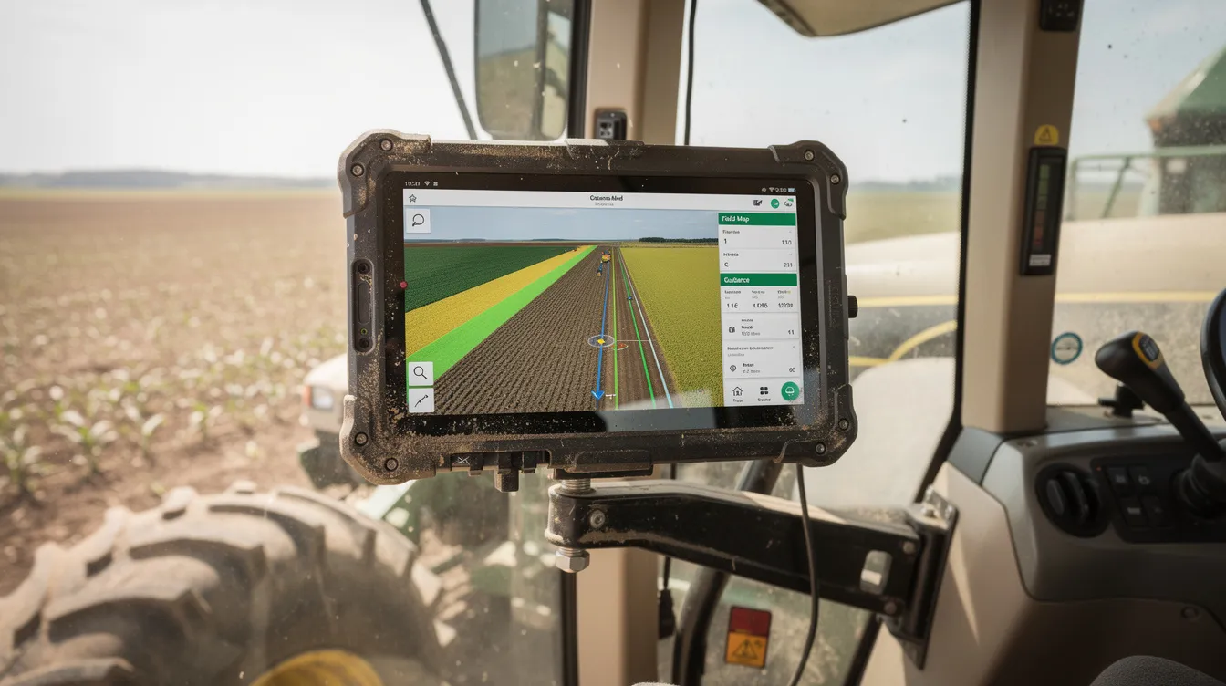 The image depicts a rugged tablet designed for agricultural equipment, set against a dusty outdoor field backdrop. This device serves as a controller in a complex communication system, enabling efficient data transmission and diagnostics for electronic control units in demanding environments.