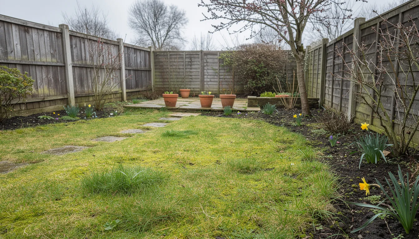 The image depicts a UK garden in early spring, showcasing a lush green lawn that is beginning to thrive with fresh grass and vibrant, colorful borders. This scene highlights the importance of lawn care services for maintaining a healthy and beautiful lawn as it emerges from winter.