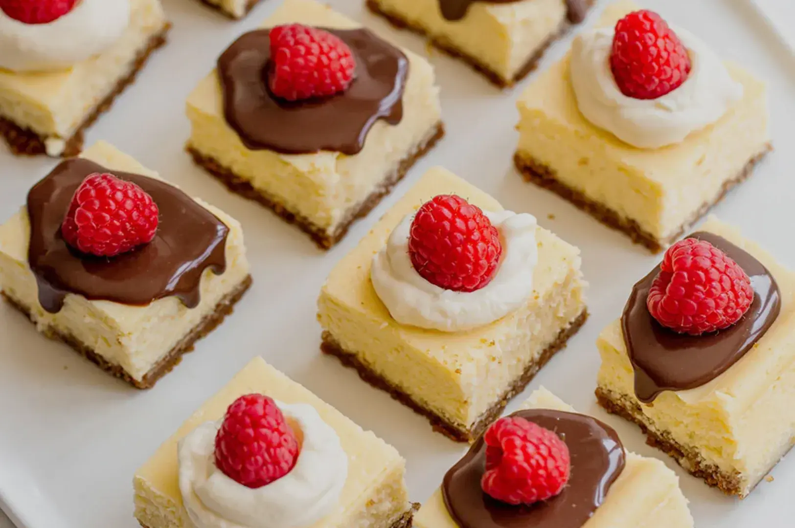 A close-up view of small cheesecake squares topped with chocolate, whipped cream, and raspberries, arranged on a white platter.