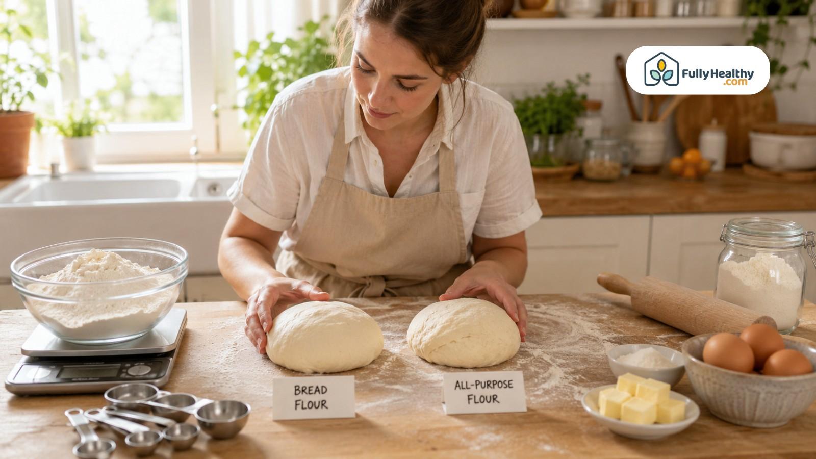 Baker comparing bread flour and all-purpose flour dough balls on kitchen counter