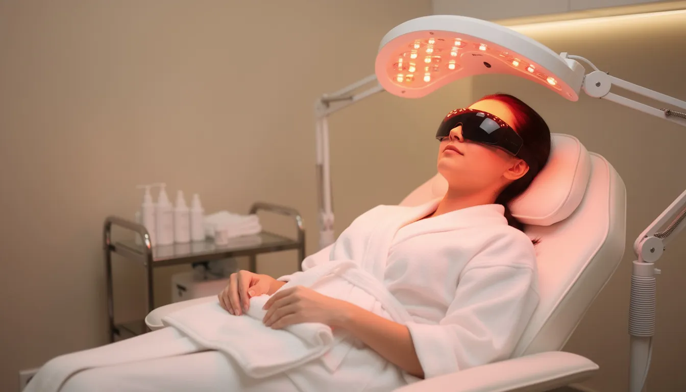 Na zdjęciu widoczna jest klientka podczas terapii światłem LED, zrelaksowana na fotelu kosmetycznym, w okularach ochronnych. Zabieg polega na naświetlaniu twarzy czerwonym światłem, które wspiera naturalne procesy regeneracyjne skóry oraz poprawia jej kondycję.