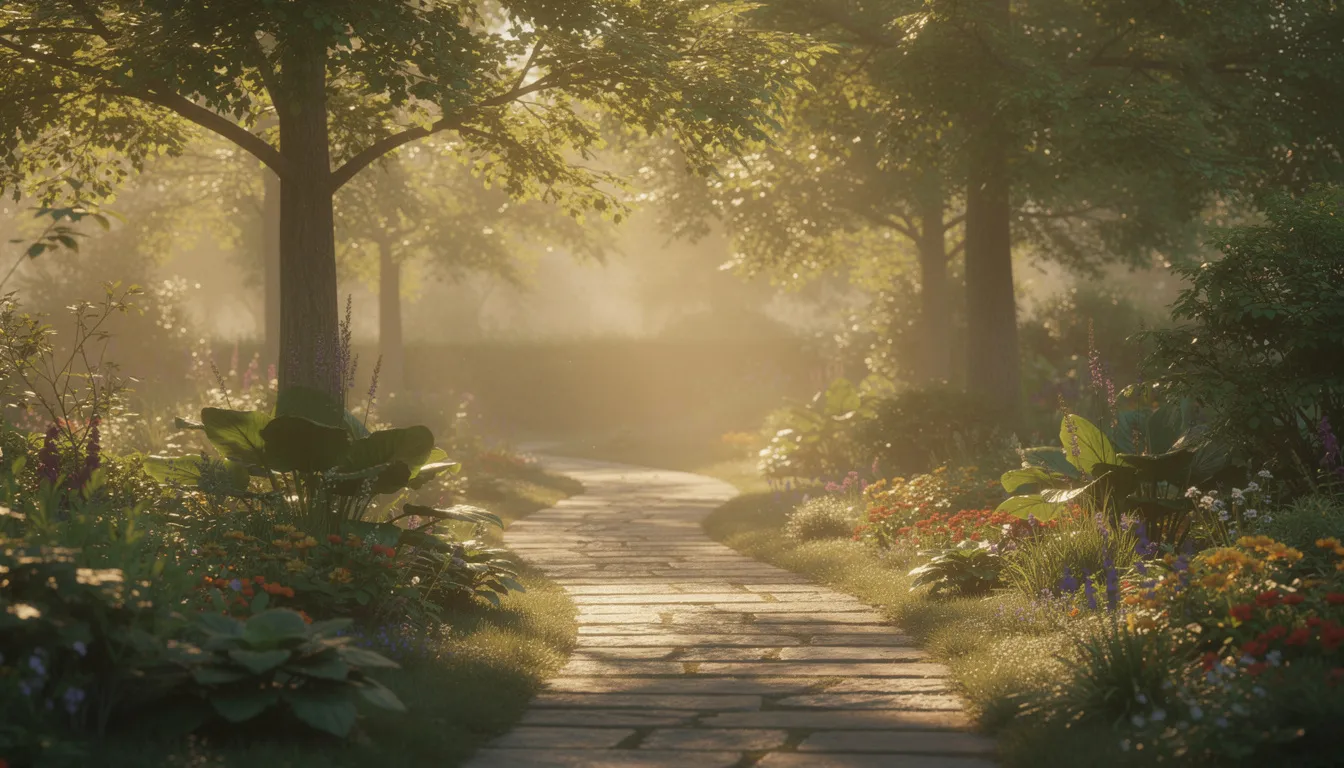 The image depicts a serene garden path bathed in soft morning light, with trees casting gentle shadows. This tranquil setting symbolizes the healing journey, encouraging emotional regulation and the gradual exposure necessary for trauma recovery, while inviting a sense of calm and presence in daily life.