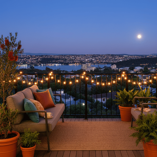 Globe string light fixtures on balcony railing for warm ambient lighting.