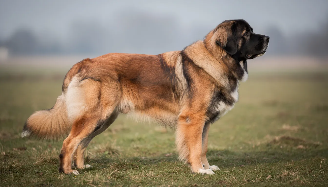 Na zdjęciu widać psa rasy leonberger stojącego bokiem, z bujną grzywą i charakterystycznym umaszczeniem. Jego muskularna sylwetka oraz łagodne usposobienie czynią go doskonałym towarzyszem dla rodzin.