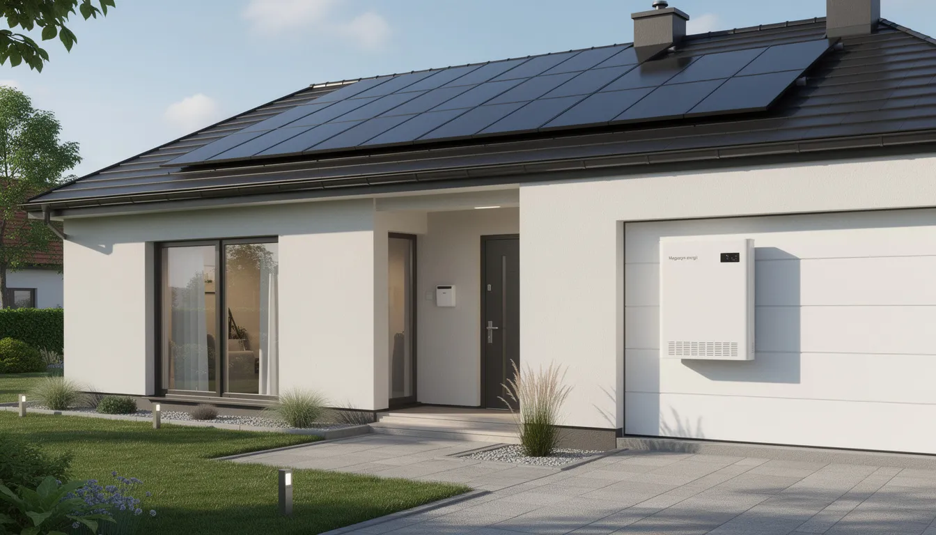 Nowoczesny dom jednorodzinny z białą obudową magazynu energii umieszczonym przy ścianie garażu oraz panelami fotowoltaicznymi na dachu, które służą do produkcji energii elektrycznej. Obiekt jest zaprojektowany z myślą o bezpieczeństwie funkcjonowania mikroinstalacji i efektywnym magazynowaniu energii.