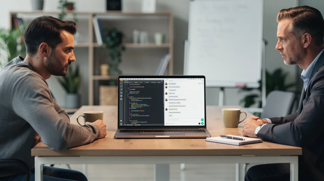 The image depicts a developer and an interviewer seated at a desk, where a laptop displays a code editor alongside a chat interface, illustrating the prompt engineering interview process. The scene emphasizes the collaboration involved in crafting effective prompts for AI systems, highlighting the importance of technical knowledge and structured output in achieving accurate and relevant results.