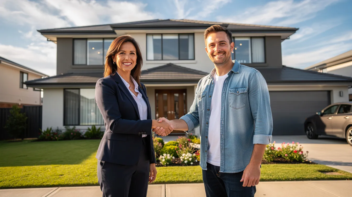 Two individuals are shaking hands outside a residential property on a sunny day, symbolizing a successful agreement possibly related to real estate investment, such as securing a dscr loan for a rental property. The setting suggests a positive cash flow opportunity for real estate investors.