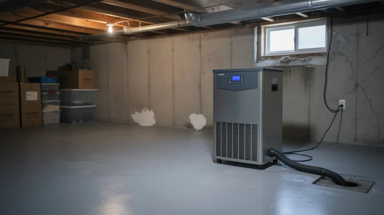 An industrial dehumidifier is actively running in a residential basement with concrete floors, helping to control moisture levels and prevent mold growth. This equipment is essential for reducing dampness and minimizing the health risks associated with mold spores and mildew in the environment.
