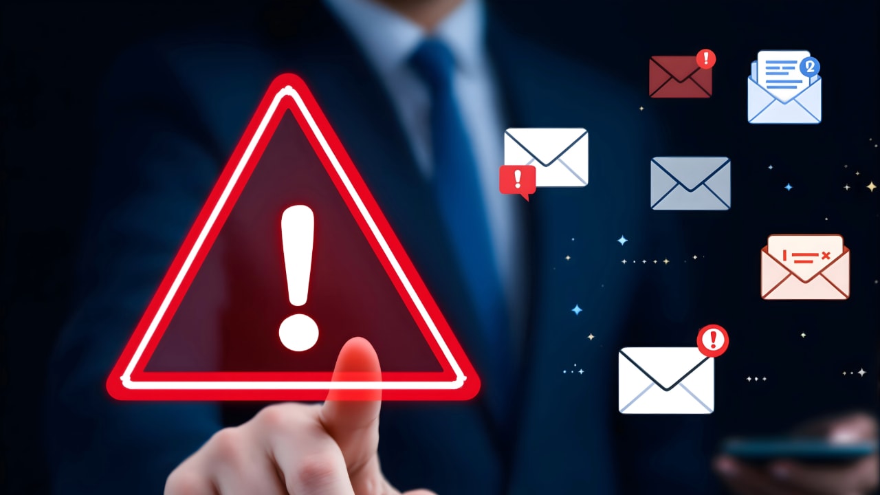 ai image, caution sign with emails alerting to spoofed messages