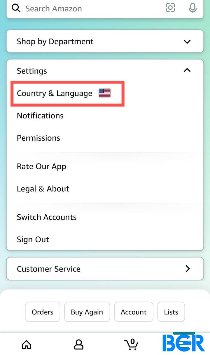 Change country and language option on Amazon mobile app.