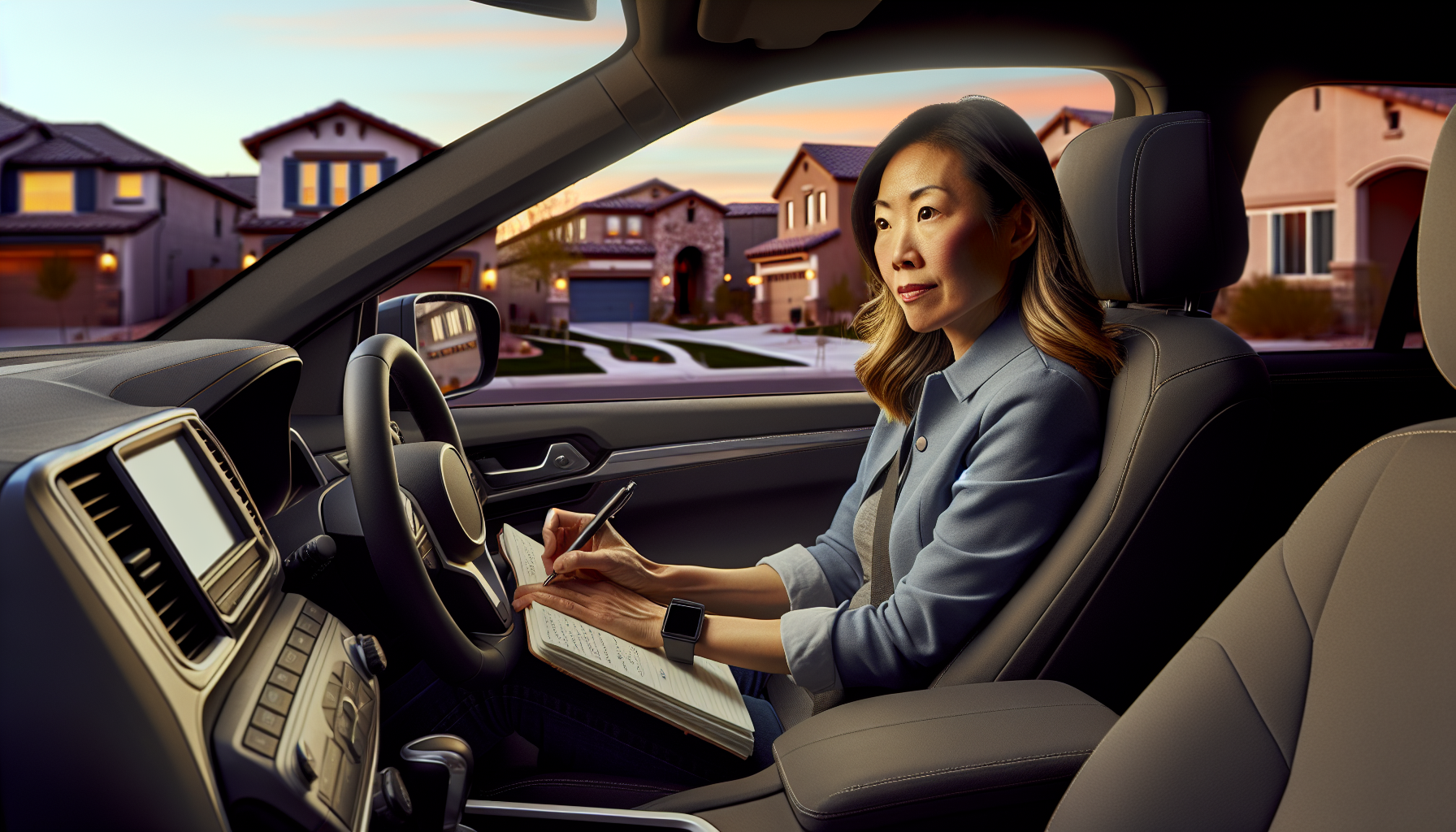 A photo of a person driving through a neighborhood looking for distressed properties