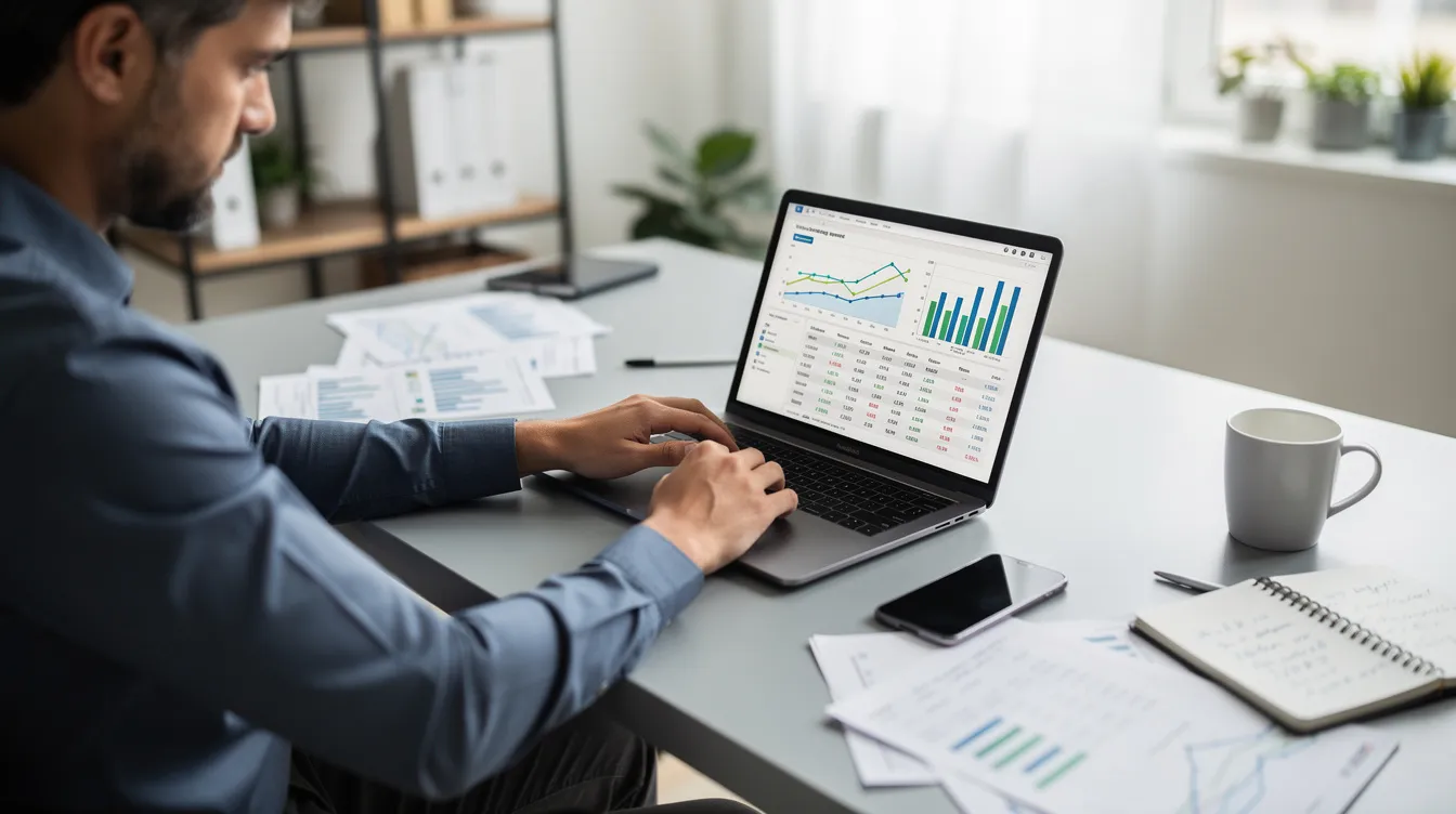A business owner is focused on reviewing financial charts and reports displayed on a laptop screen, analyzing data related to credit card processing fees and payment processing services. The scene emphasizes the importance of understanding transaction costs and pricing structures for effectively managing a business's cash flow.
