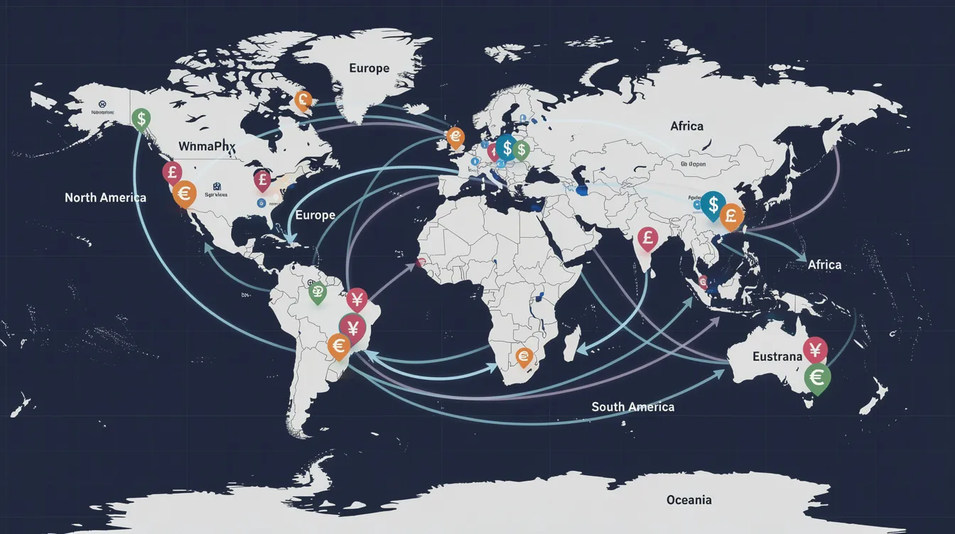 The image depicts a world map adorned with various pins and currency icons, illustrating the flow of international payments between continents. This visual representation highlights the importance of managing international business payments and the features of a wise business account for seamless transactions across multiple currencies.