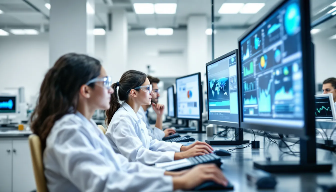 A team of laboratory workers is focused on analyzing disease surveillance data displayed on multiple computer screens, contributing to public health research projects aimed at understanding and preventing infectious diseases. Their collaborative efforts support health equity and aim to improve access to vital health resources for communities.