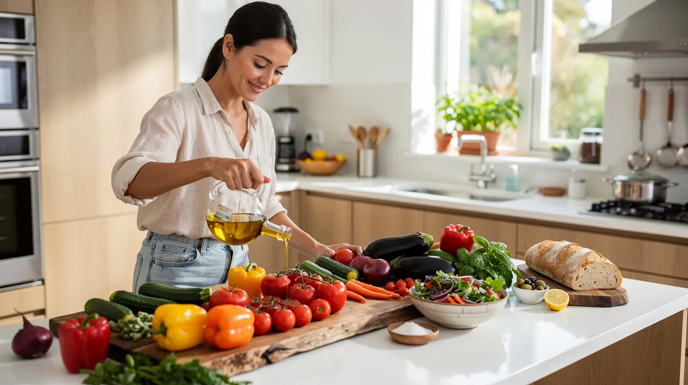 A woman is joyfully preparing a vibrant Mediterranean meal in a bright kitchen, surrounded by fresh green leafy vegetables and drizzling olive oil over colorful ingredients. This scene highlights the importance of nutrition research for healthy aging and overall health, particularly for women looking to support their metabolic health and reduce inflammation.