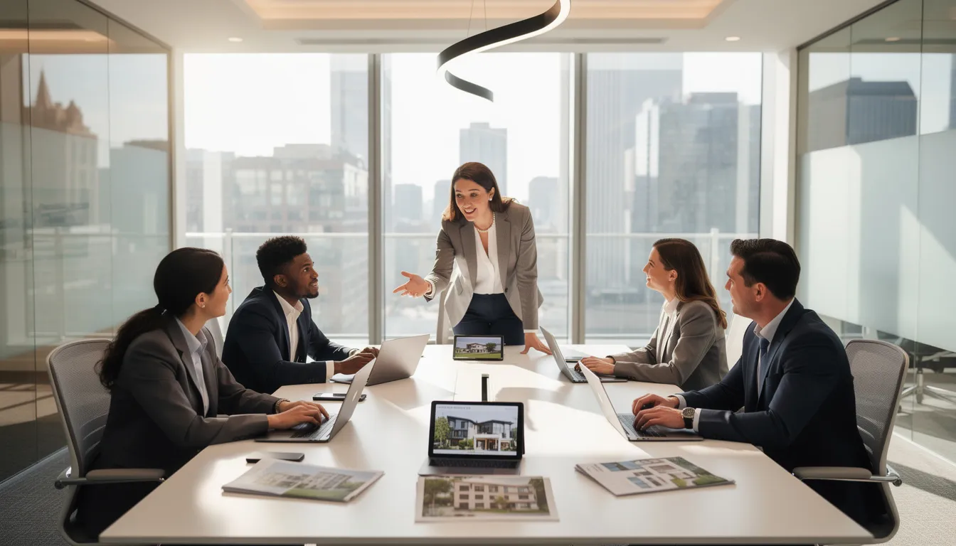 A professional real estate agent collaborates with team members in a modern office, engaging in important tasks such as client communication and transaction coordination. The scene highlights the teamwork essential for managing real estate transactions and building client relationships efficiently.