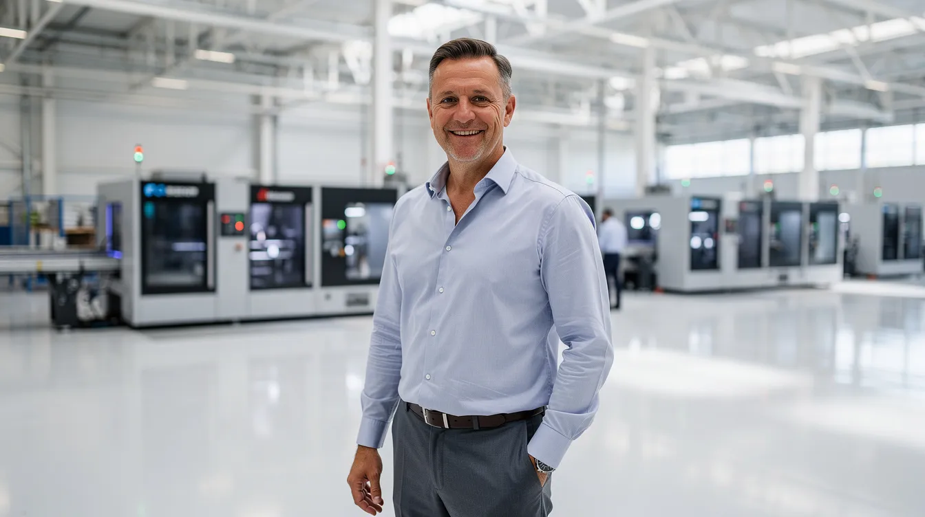 A mid-40s manufacturing business owner, dressed in a button-down shirt with an open collar and slacks, smiles confidently looking forward at the camera, reflecting a sense of happiness and success. In the background, a brand new factory floor with state-of-the-art equipment signifies business growth and the impact of recent equipment financing, suggesting the guarantee of a bright future ahead. and ROI on hard work in the past