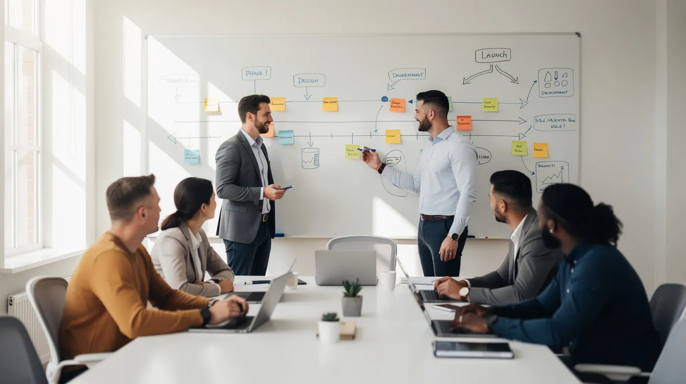 A professional team is gathered around a whiteboard in a bright meeting room, collaboratively planning a project timeline. This scene highlights the importance of member engagement and effective onboarding processes as they strategize to enhance the member experience.