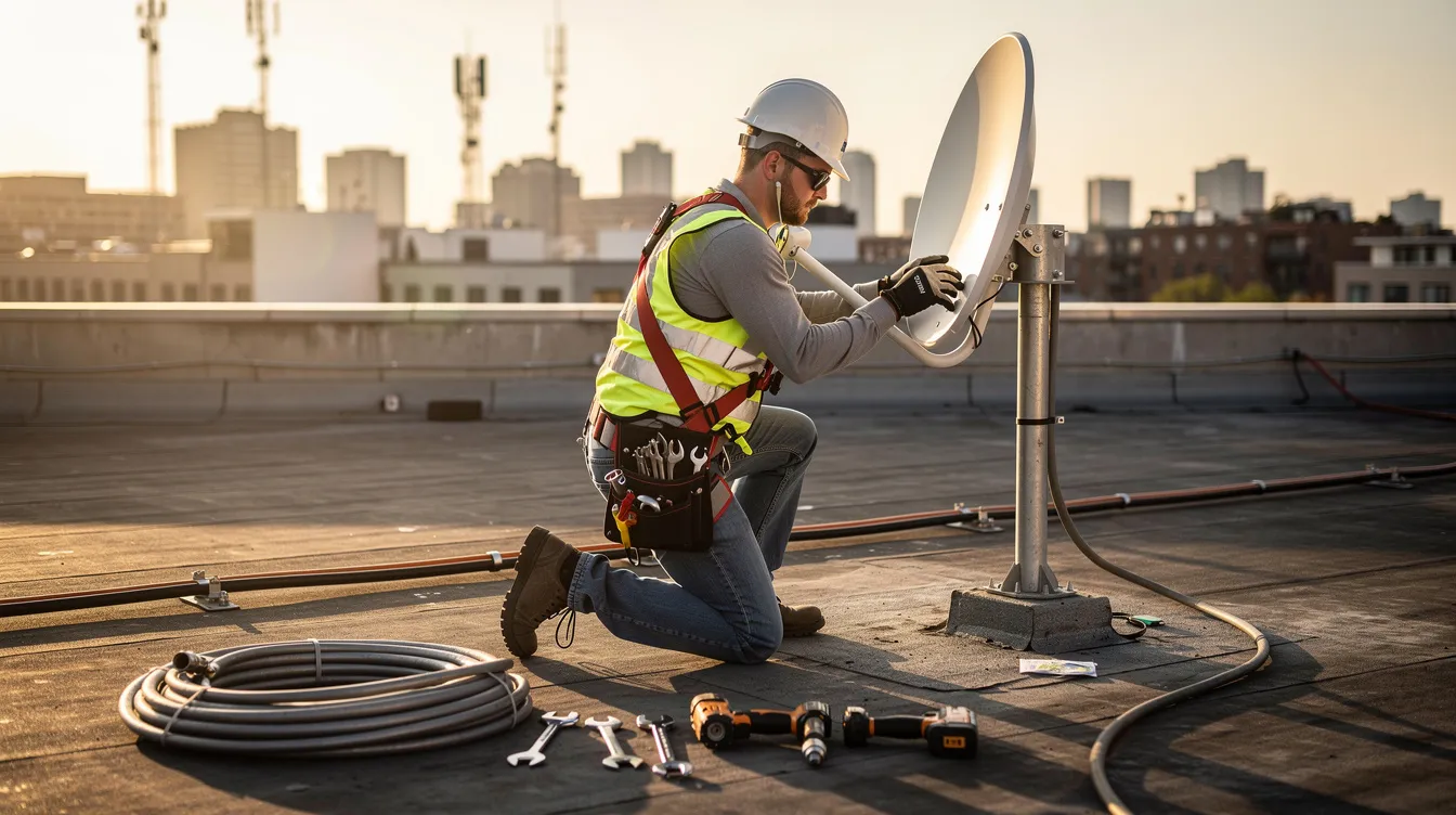 A technician is seen installing a satellite dish on a rooftop, ensuring proper alignment for optimal DSTV signal reception. This professional DSTV installation service is part of the comprehensive offerings available in Ceres, provided by qualified DSTV installers.