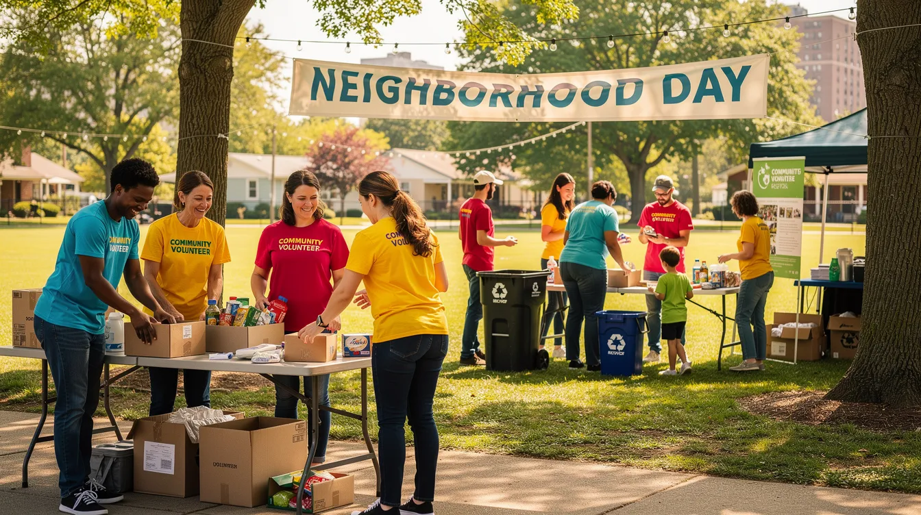 The image shows community volunteers wearing matching t-shirts, actively collaborating at an outdoor neighborhood event, contributing to charitable organizations and promoting charitable giving. Their teamwork exemplifies the positive impact of community service and highlights the importance of charitable contributions for tax benefits, such as Arizona charitable tax credits.
