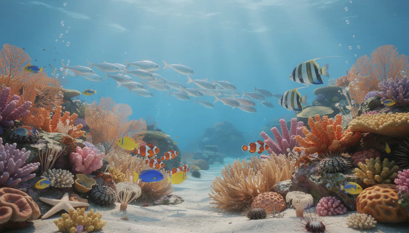 The image depicts a vibrant underwater coral reef teeming with colorful fish, various marine invertebrates such as sea anemones and sponges, showcasing the incredible diversity of animal species in this ecosystem. This lively scene highlights the importance of invertebrates, which make up the largest group of the animal kingdom, playing crucial roles in the food chain and overall health of marine environments.