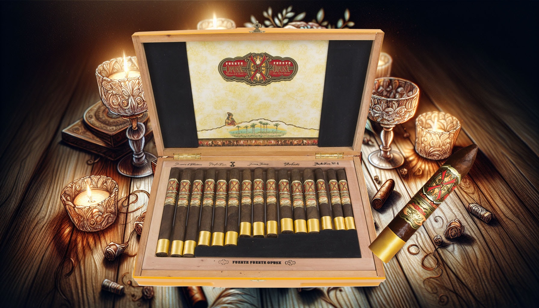 A whimsical drawing of Arturo Fuente Opus X Rosado Oro Oscuro Reserva D Chateau cigars, perfect for special occasions.