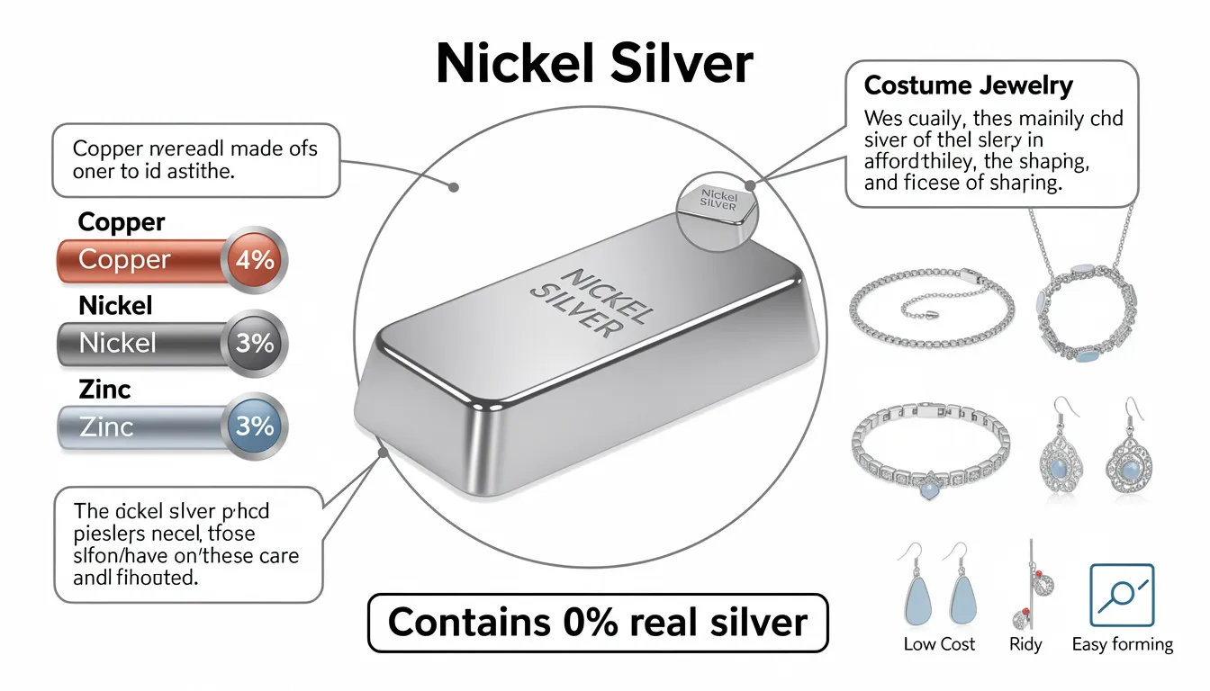 The image features a collection of costume jewelry made from nickel silver, also known as German silver, which is an alloy of copper, nickel, and zinc, with no actual silver content. This affordable and easily shaped material is commonly used in jewelry making, appealing to those looking for stylish yet budget-friendly options.