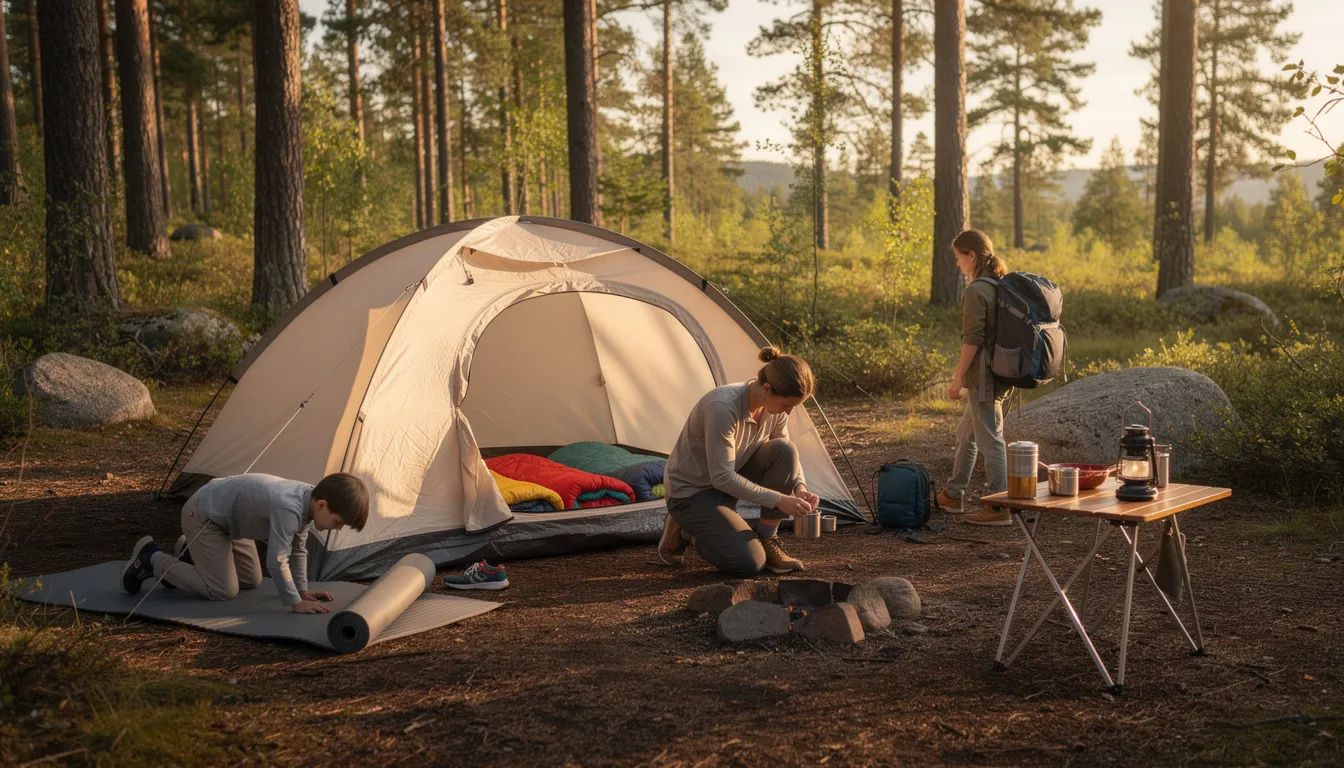 A family is setting up camping gear at a campsite, with an open tent revealing cozy sleeping bags neatly arranged inside. The scene captures the excitement of preparing for a night under the stars, making it a perfect camping experience.