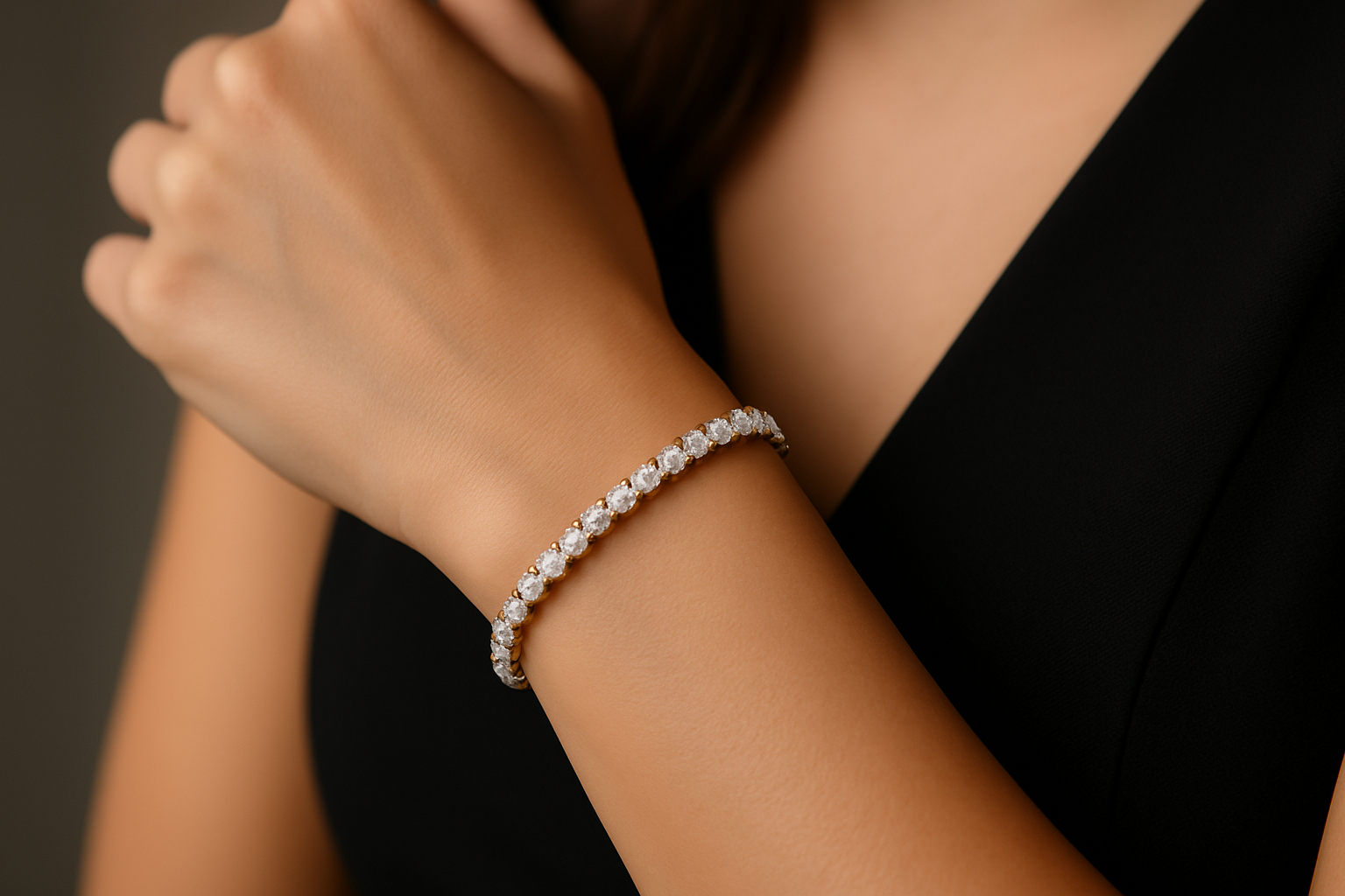 Balto aukso tennis apyrankė su deimantais puošia moters riešą