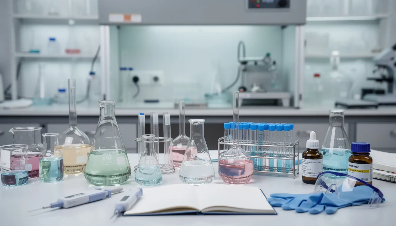 Das Bild zeigt ein wissenschaftliches Labor, in dem ein Arbeitstisch mit verschiedenen Glasgefäßen und chemischer Ausrüstung für die Herstellung von synthetischen Cannabinoiden wie HHC und HHCP eingerichtet ist. Die Umgebung vermittelt einen Eindruck von Präzision und Forschung im Bereich der Cannabismoleküle und deren Wirkungen.