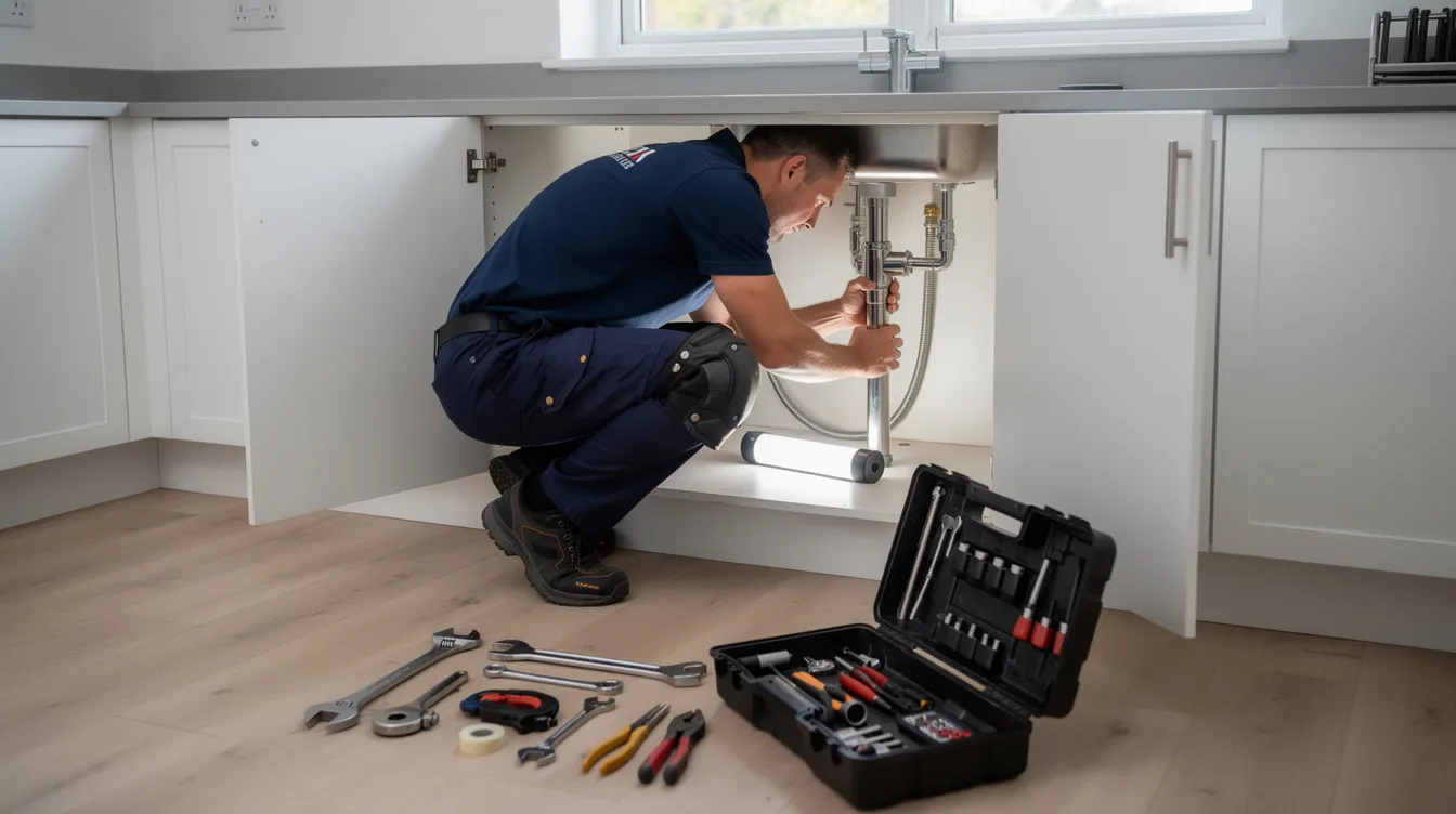 A professional plumber is crouched under a kitchen sink, skillfully replacing water pipes while a variety of tools are spread out on the floor. This scene highlights the essential plumbing services needed to address common plumbing issues in a home.