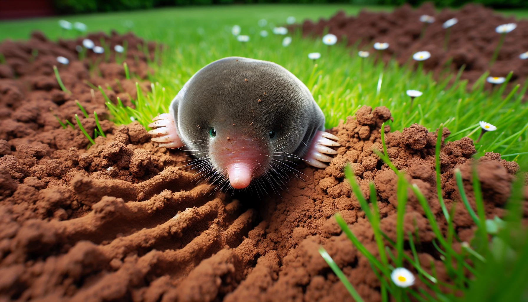 Illustration of a mole burrowing in the yard