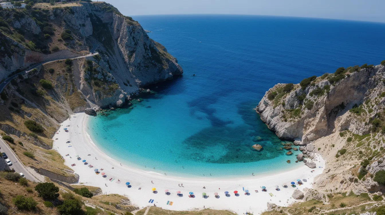 A imagem mostra a deslumbrante Praia de Myrtos, localizada na ilha de Kefalonia, com suas águas em tons esmeralda e uma bela paisagem cercada por falésias brancas. Este cartão postal das Ilhas Jônicas é um destino imperdível para quem visita a Grécia, oferecendo um cenário de tranquilidade e beleza natural.