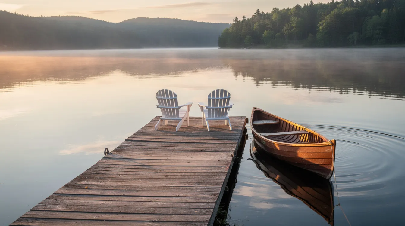 A wooden dock stretches across a tranquil lake, with comfortable Adirondack chairs arranged along the water's edge and a canoe moored nearby, creating a relaxing atmosphere ideal for enjoying nature. This scene evokes the idea of cottages for sale in an idyllic setting.
