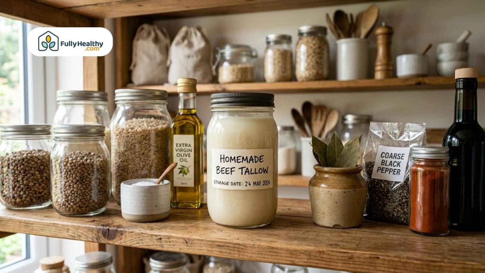 Pantry shelf displaying homemade beef tallow jar with oils, grains, spices